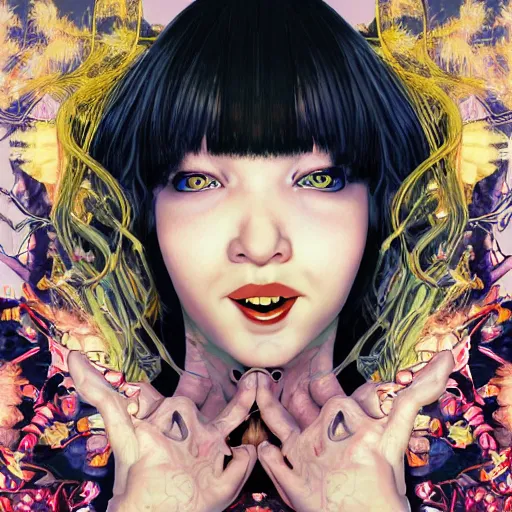 Image similar to portrait of crazy screaming beautiful singer sia kate isobelle furler, big ribbon, ymmetrical, by yoichi hatakenaka, masamune shirow, josan gonzales and dan mumford, ayami kojima, takato yamamoto, barclay shaw, karol bak, yukito kishiro