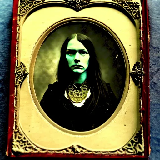 Image similar to daugerreotype of cthulhu high priestess. ambrotype of occult priestess. tintype of a beautiful woman. priestess of dagon. cursed priestess. daugerreotype. baroque frame