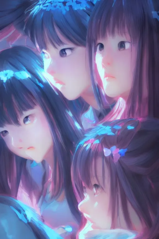 Prompt: 3d infrared octane render concept art by Mo Xiang Tong Xiu, by Igarashi Daisuke, by makoto shinkai, cute beauty cozy portrait anime sad schoolgirls under dark pink and blue tones, mirror room. light rays. water bellow. beautiful and cutest sad face. dramatic deep light, trending on artstation, oil painting brush