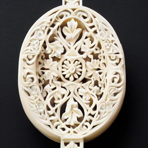 Image similar to arabesque carved ivory box, studio photography, black background