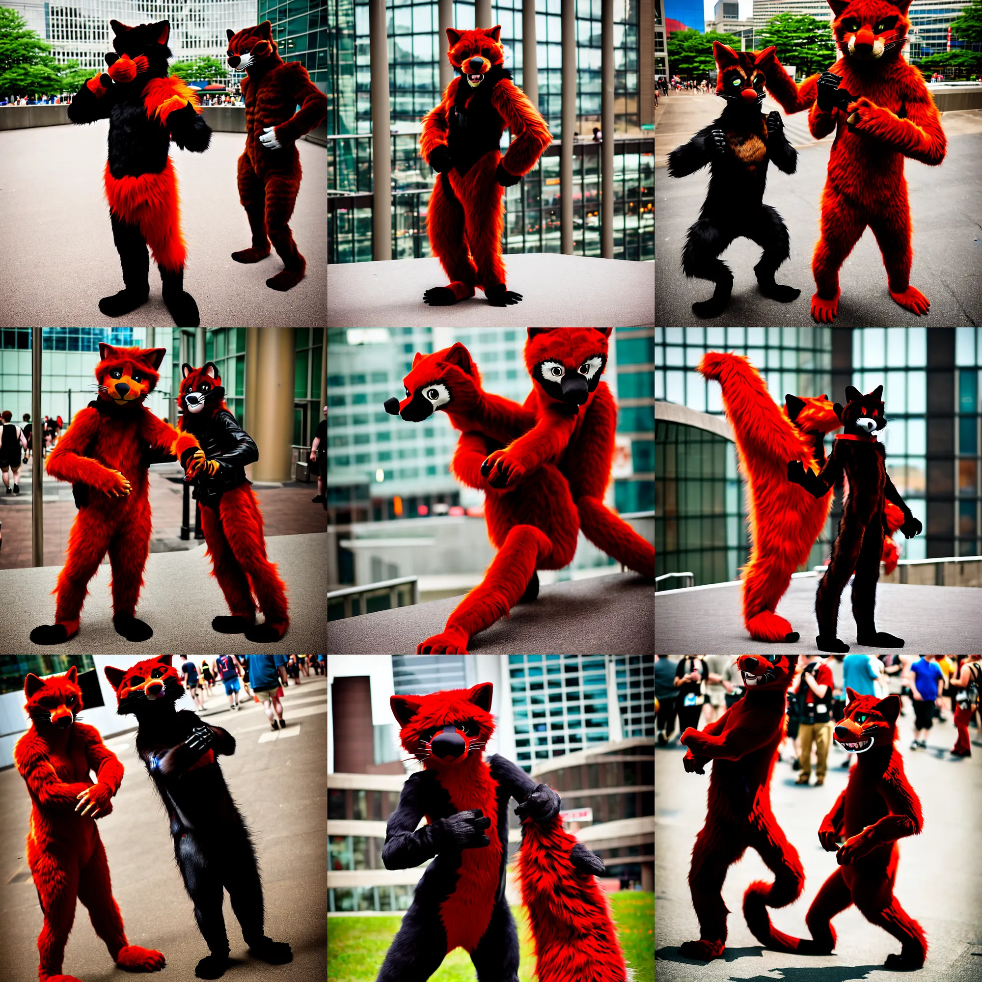 Prompt: fullbody photoshoot photo portrait of a roguish male red - black furred bipedal weasel furry fursuiter ( with tail ), taken at anthrocon ( furry convention )