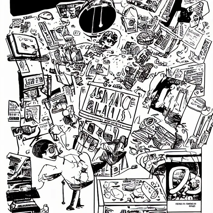 Image similar to a still frame from comic strip atlas molecule scientific weird 1 9 9 0, new yorker illustration, monochrome contrast bw, lineart, manga