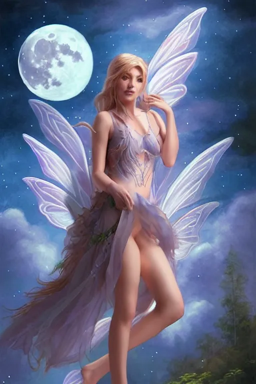 Image similar to attractive fairy magically floating high in the night, fantasy, full moon in background. highly detailed painting by artgerm, mid shot, 8 k