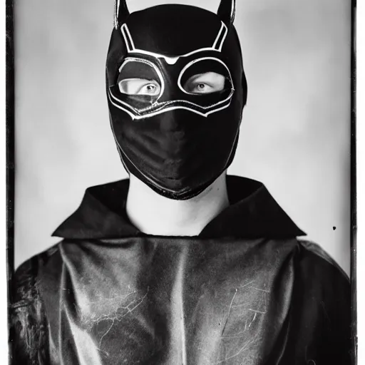 Prompt: tintype photographs of superheroes, masked wrestlers, technowizards