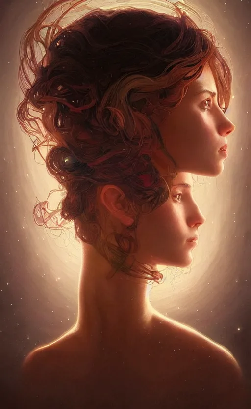 Image similar to portrait of a girl with the universe inside her head, filaments, surreal, intricate, headshot, highly detailed, digital painting, artstation, concept art, sharp focus, cinematic lighting, illustration, art by artgerm and greg rutkowski, alphonse mucha, cgsociety, science fiction