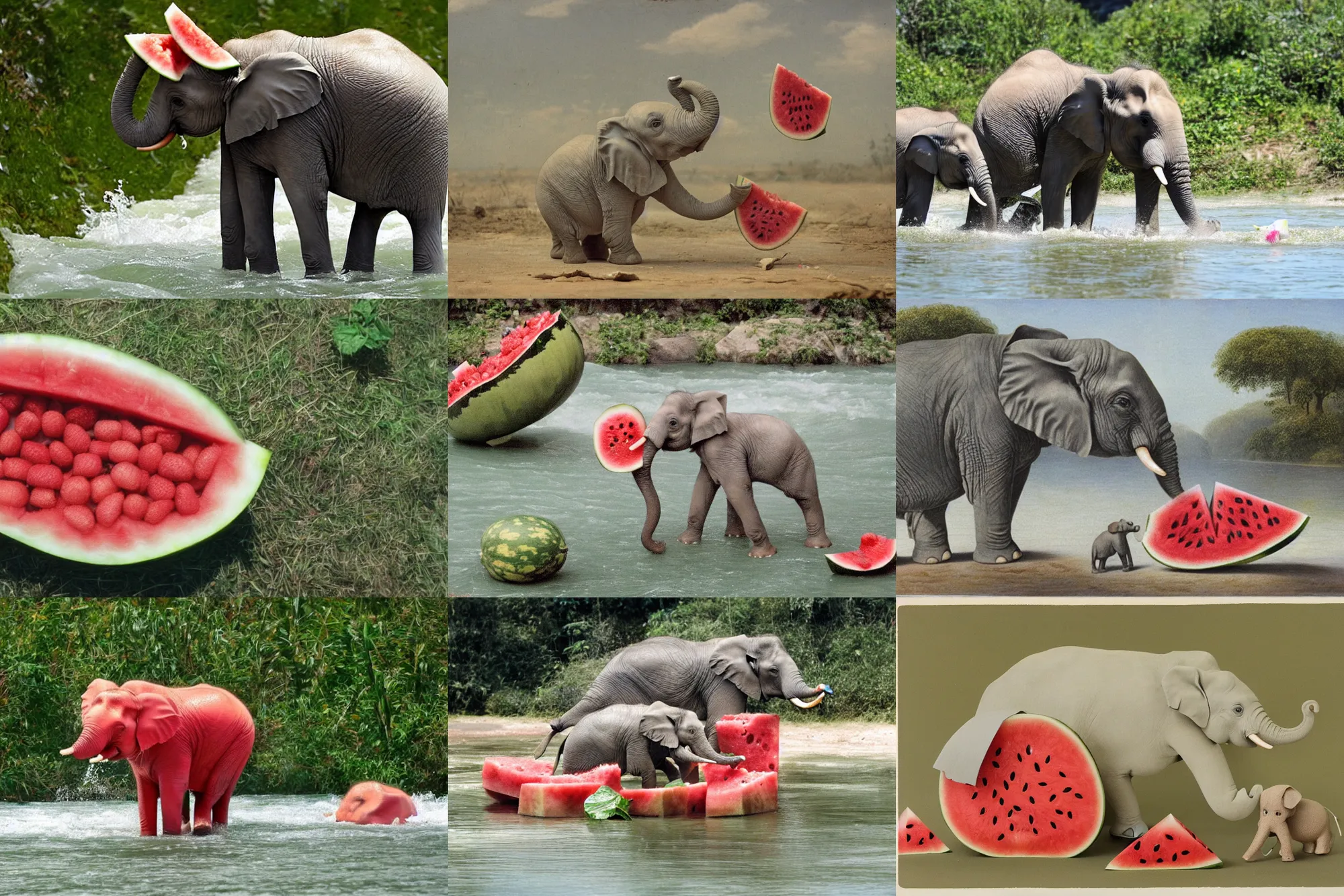 Prompt: a small elephant sits in a short watermelon and swims along the river of white milk, white water