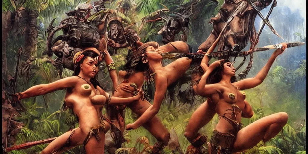 Prompt: battle in jungle, brutal aztec and Amazonian females fight, epic, vintage, blood, slight inspiration of Boris vallejo and apocalypto