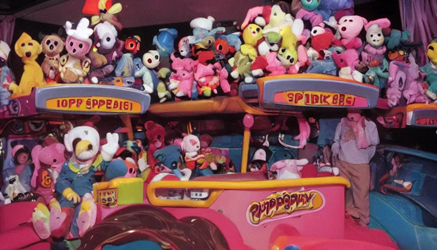 Image similar to 1990s photo of inside the Sppoky Beanie Babies ride at Universal Studios in Orlando, Florida, riding a Beanie Baby car through a haunted house, cinematic, UHD