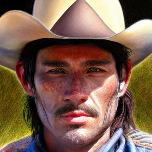 Image similar to Intricate five star Cowboy facial portrait by Monica Lee, Colored pencil on paper, high detail, skin texture, photo realistic, hyperrealism,matte finish, high contrast, 3d depth, masterpiece, vivid colors, artstationhd