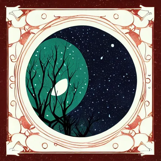 Prompt: a serene forest of faeries, beautiful double crescent moon in the night sky, album cover