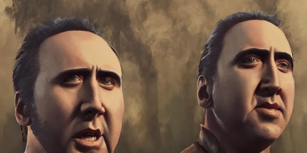 Prompt: A giant face of Nicolas Cage melting in a moutain, inspired by Everett Raymond Kinstler, artstation, 8k, photorealism