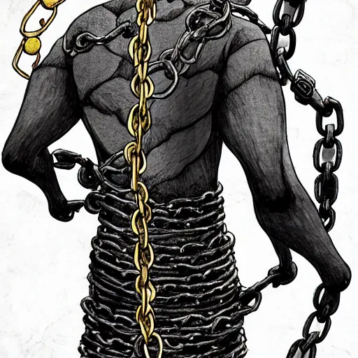 Image similar to A FULL BODY PORTRAIT FROM BEHIND OF MADARA UCHICHA ,THE MAN KEEPS A KUSARIGAMA AND IT IS WRAPPED IN CHAINS ,detailed, concept art, ink style , sketch