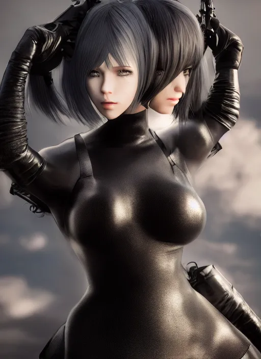 Prompt: Hyperrealistic beautiful portrait of 2B, nier automata, black dress, 8k, Octane Render, cinematic lighting