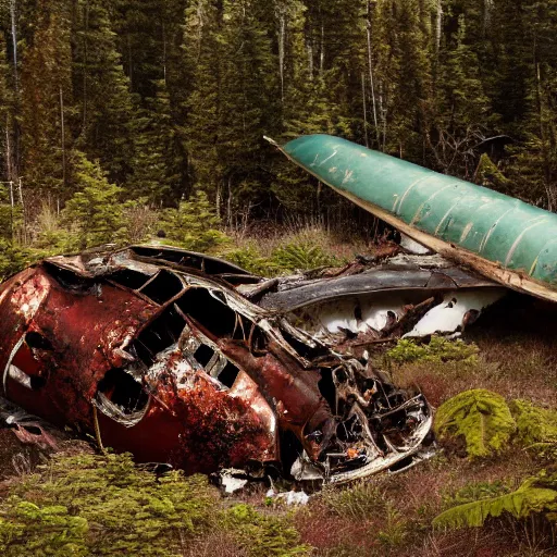 Prompt: Two Explorers Next To A Rusted Crashed Plane In A Forest, Photorealistic