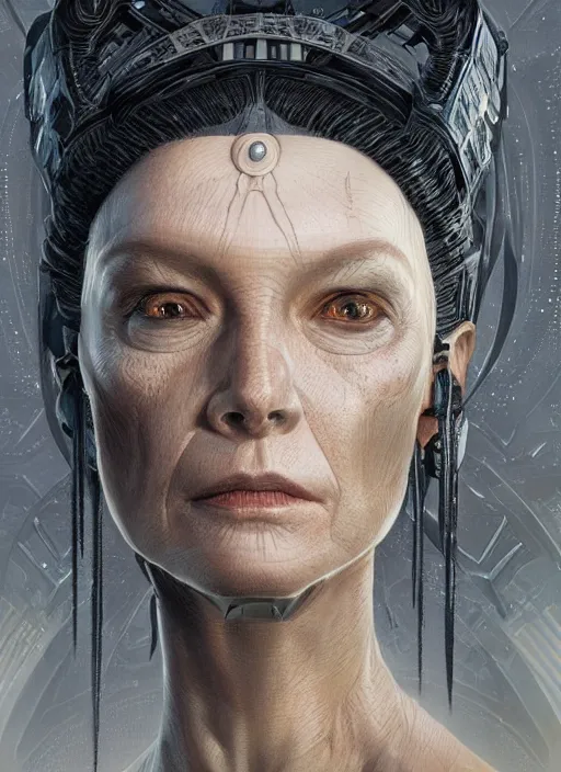 Image similar to Portrait of the Borg Queen, from Star Trek, dark, intricate, highly detailed, smooth, artstation, digital illustration by Artgerm and Wayne Barlowe and Greg Rutkowski