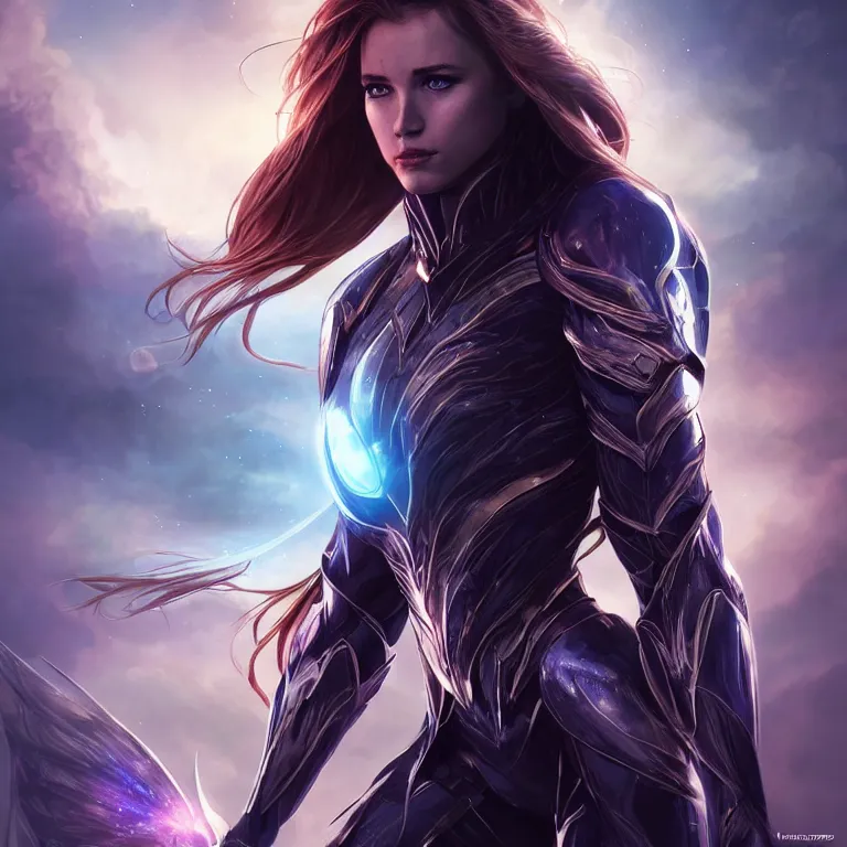 Image similar to beautiful cinematic fantasy poster, a beautiful girl in a superhero suit, beautiful glowing galaxy eyes, wideshot ultrawide angle epic scale, hybrid from The Elden Ring and art direction by Darius Zawadzki ;by artgerm; wayne reynolds art station; cinematic quality character render; low angle; ultra high quality model; production quality cinema model;