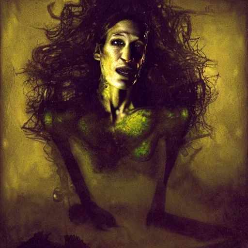 Prompt: mysterious portrait of sarah jessica parker emerging from the dark void eating slime, face partially melting like glitching out LSD effect, figure in the darkness of renaissance, serving big macs, Francisco Goya, highly detailed, 8k, trending on artstation