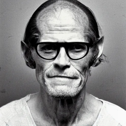 Prompt: 1970s of Mugshot Portrait of a very old and decrepit Willem Dafoe with glasses and no beard, no hair completely bald, dressed in 1970s menswear, taken in the 1970s, photo taken on a 1970s polaroid camera, grainy, real life, hyperrealistic, ultra realistic, realistic, highly detailed, epic, HD quality, 8k resolution, body and headshot, film still, front facing, front view, headshot and bodyshot, detailed face, very detailed face