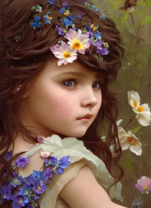 Prompt: a little girl with short wavy brown hair and blue eyes with her face painted. face painting of flowers. beautiful highly detailed face. painting by artgerm and greg rutkowski and alphonse mucha.
