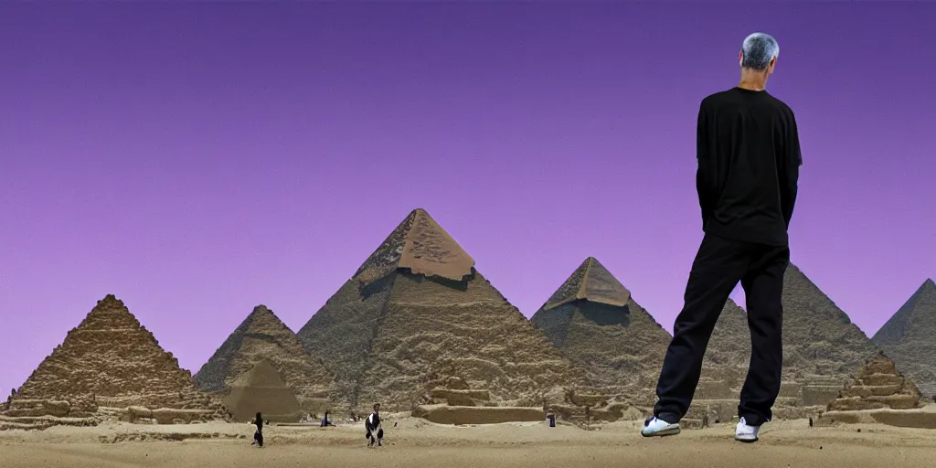 Image similar to landscape, steve jobs and a boy with purple hair in front of the pyramids, hyperrealism, intricate, 8 k, high detail