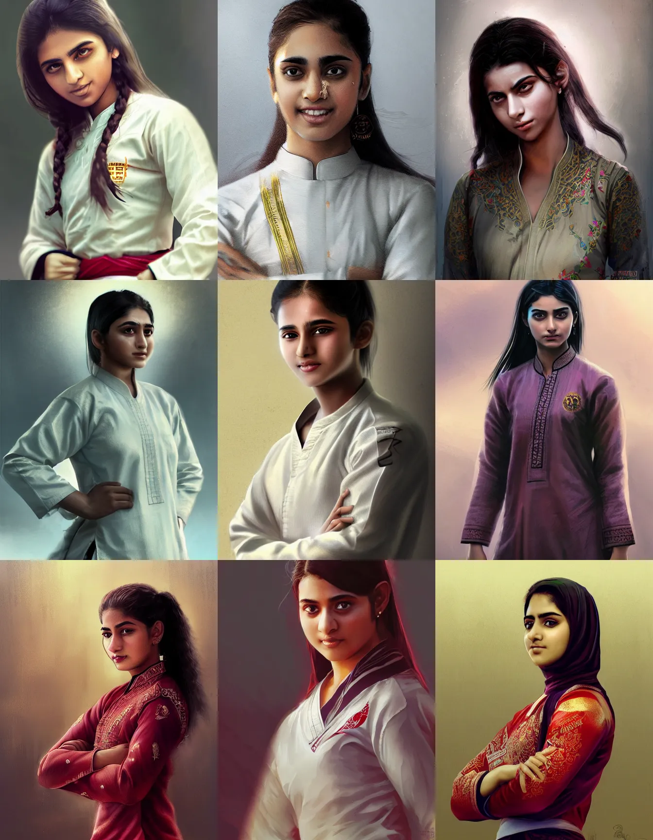 Prompt: young pakistani woman karate expert, wearing a kurta, strong, muscular, smiling, digital portrait by greg rutkowski, intricate, soft focus, highly detailed, cinematic, epic, artstation