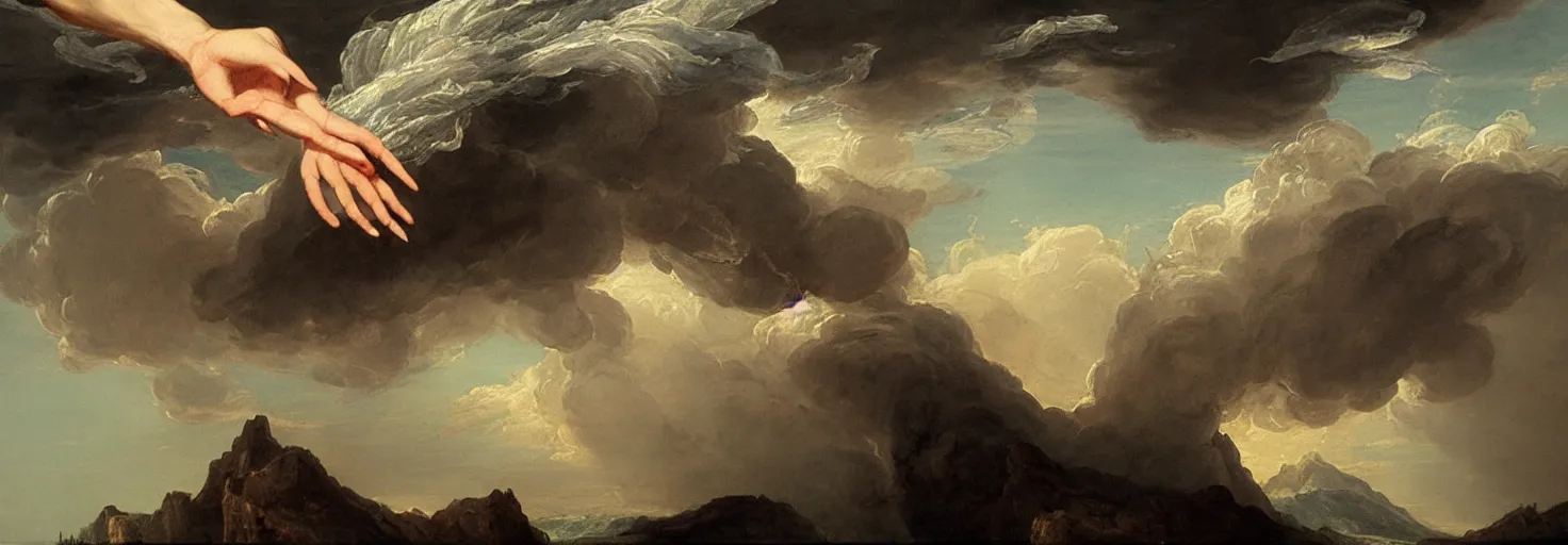 Prompt: a painting of a hand descending from the clouds demanding payment, in the style of an epic Thomas Cole painting