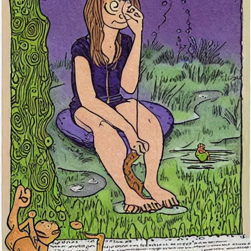 Image similar to garfield by h. p. lovecraft natural, ordered. print. a young girl is sitting on the edge of a pond, with her feet in the water. she is looking at a frog that is sitting on a lily pad in the pond.