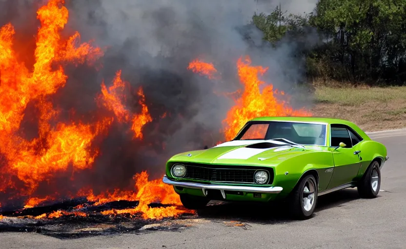 Prompt: a green 1 9 6 9 chevrolet camaro zl jumping over a fire explosion