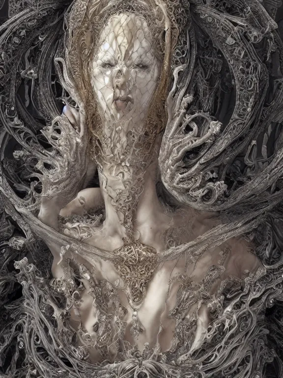 Image similar to a beautiful render of baroque catholic veiled demon lady sculpture with symmetry intricate detailed,by Nekro and peter gric and aaron horkey and Billelis,Trending on artstation,ZBrush,fractalism,maximalism,glittering,gold,ivory,hyperreal