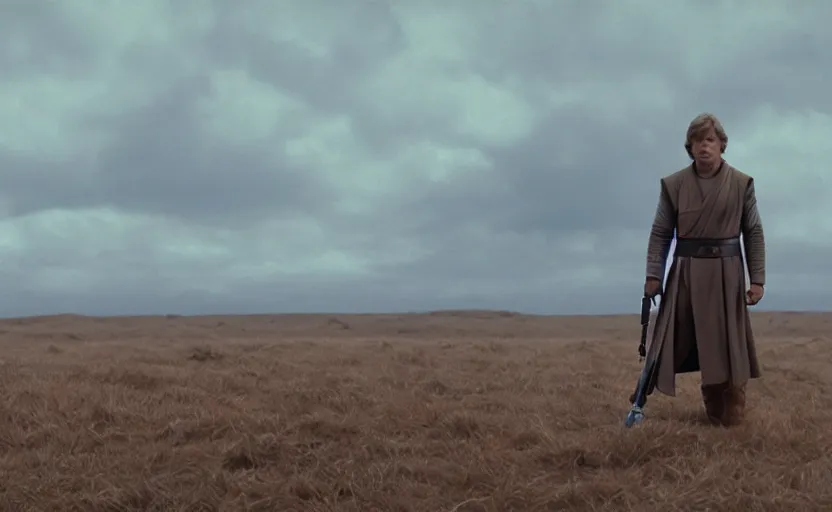 Prompt: screenshot portrait of Luke Skywalker on a windy field, with new jedi army behind him, iconic scene from 1980s film by Stanley Kubrick, last jedi, 4k HD, cinematic lighting, beautiful portrait of Mark Hammill, moody scene, stunning cinematography, anamorphic lenses, kodak color film stock