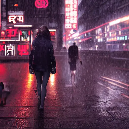 Image similar to cyborg woman, industrial designed, machined parts, illuminated micro led light circuits, walking dog in public, cinematic, raining, tokyo, streets, night, highly detailed, photographic, centered, by saroyama and greg rutkowski and james gurney