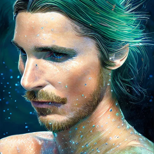 Image similar to christian bale portrait, fantasy, mermaid, hyperrealistic, game character, underwater, highly detailed, sharp focus, cinematic lighting, pearls, glowing hair, shells, gills, crown, water, highlights, starfish, jewelry, realistic, digital art, pastel, magic, fiction, ocean, king, colorful hair, sparkly eyes, fish, heroic, god, waves, bubbles, king