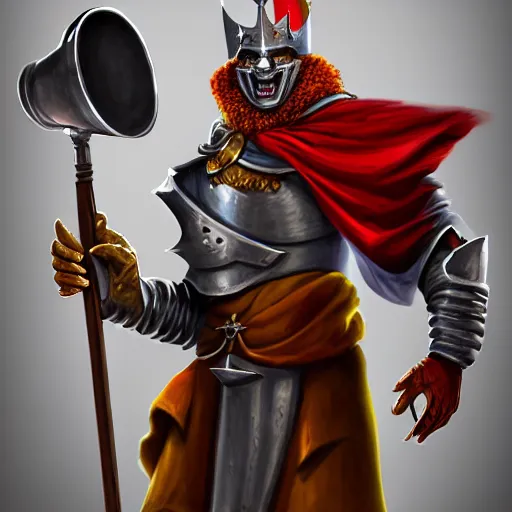 Image similar to of a realistic illustration dumb jester fool crusader knight that is the anti - communism crusader character, full plate, totally mad and yelling, shouting using a megaphone, artstation digital art,,