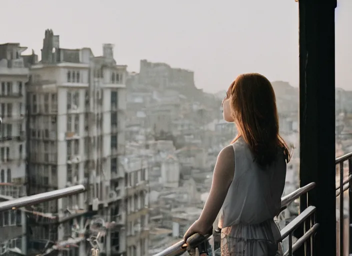 Prompt: a fantasy queen stands on a balcony overlooking a fantasy city, golden light and glow, 3 5 mm photography