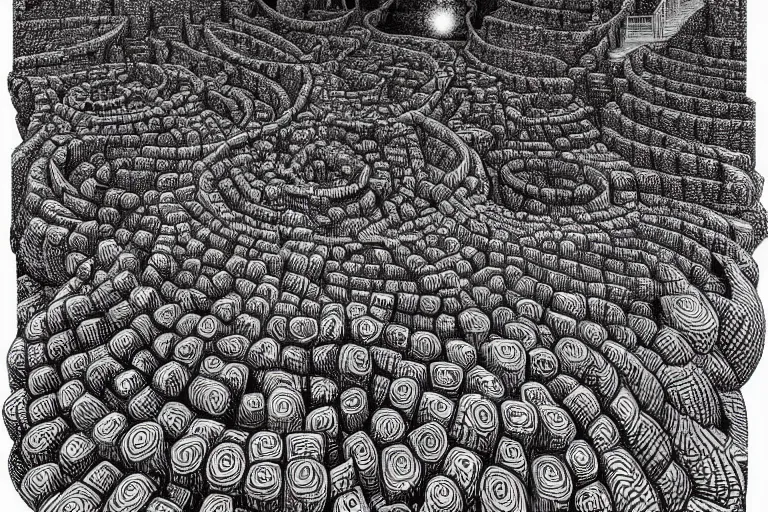 Prompt: highly detailed favela hive labyrinth of fire, award winning art, lava lamp, epic dreamlike fantasy landscape, art print, mc escher, ultra realistic,