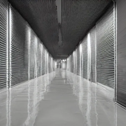 Prompt: Beautiful soft liminal Photograph of an infinite infinite office hallway, water on the floor