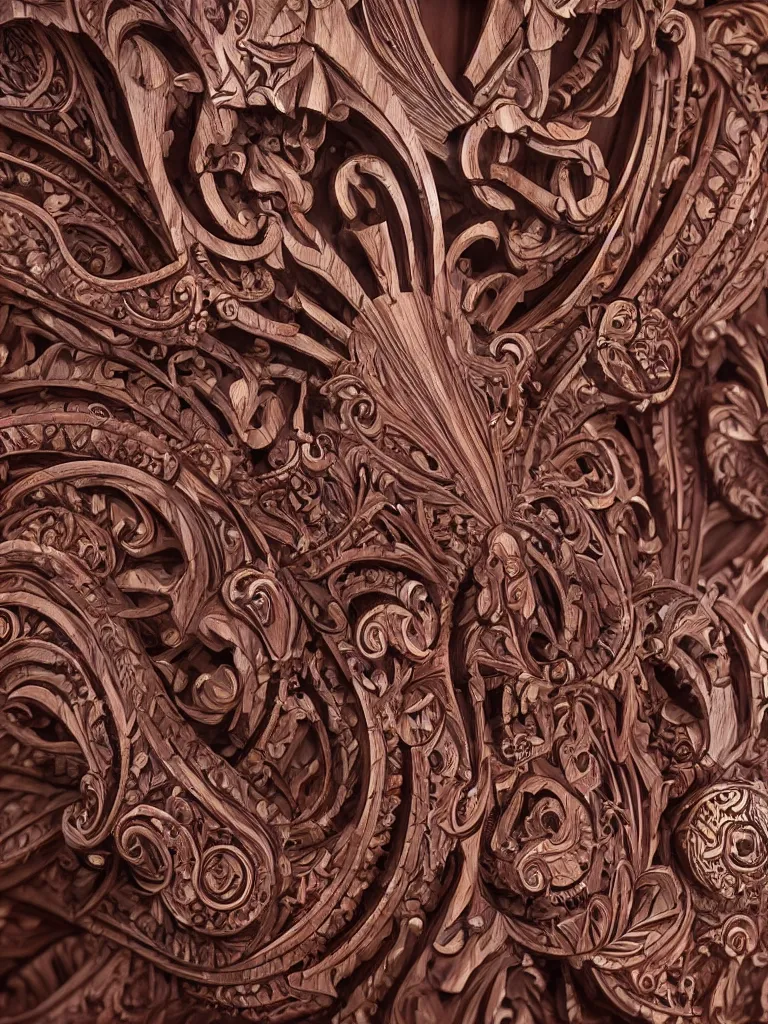 Prompt: wood carving in mahogany of an intricate design pattern of revolvers and rifles, biomechanical fluid, dramatic lighting, hyperrealistic, ultrarealistic, intricate details, 4k, unreal 5, digital art