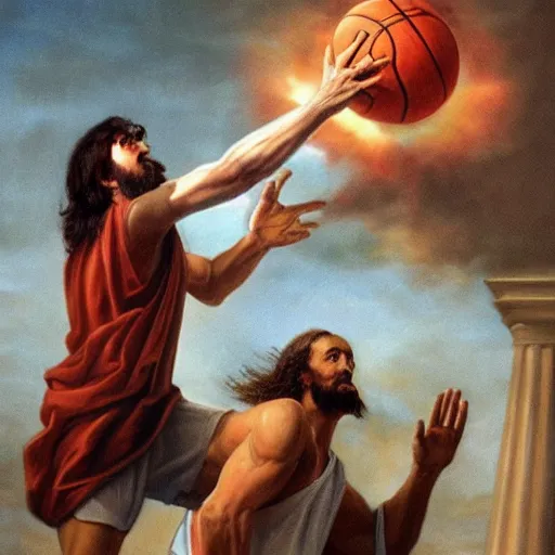 Prompt: Jesus Christ dunks a basketball over Satan