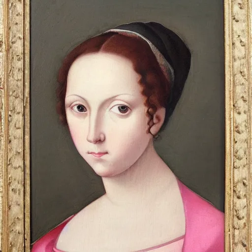 Image similar to Renaissance oil painting full head portrait pretty young lady, dark hair, pink cheeks, grey and white dress