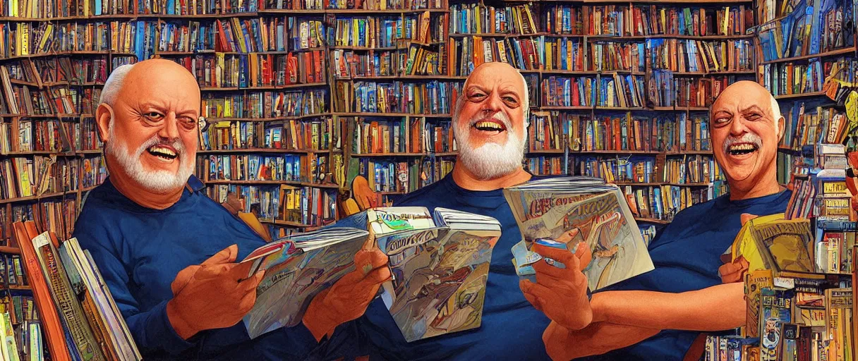 Image similar to an awesome jean giraud digital painting of robert anton wilson telling jokes at a local bookstore in the new age section