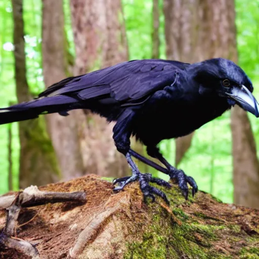 Image similar to crossbreed between a human male and crow, photograph captured in a forest