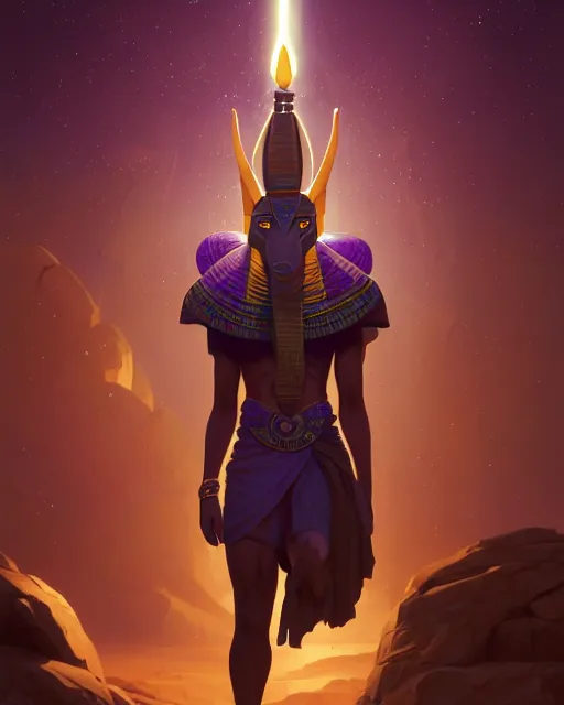 Prompt: highly detailed vfx portrait of egyptian god anubis with ankh staff floating in space purples, unreal engine, greg rutkowski, loish, rhads, beeple, makoto shinkai and lois van baarle, ilya kuvshinov, rossdraws, tom bagshaw, alphonse mucha, global illumination, detailed and intricate environment