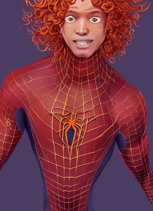 Prompt: illustration of curly orange hair man from mervel's spider man : miles morales, au naturel, hyper detailed, digital art, trending in artstation, cinematic lighting, studio quality, smooth render, unreal engine 5 rendered, octane rendered, art style by klimt and nixeu and ian sprigger and wlop and krenz cushart and marvel