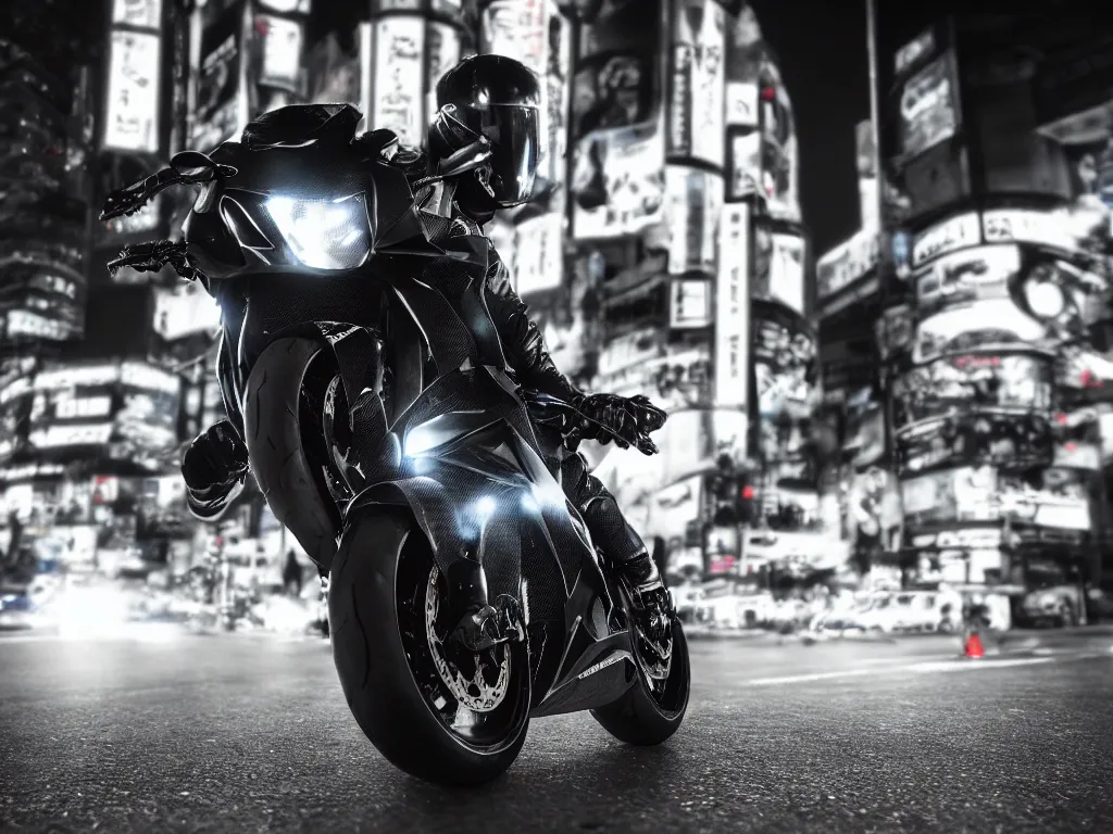 Image similar to a Photorealistic hyperdetailed hyper realistic dramatic moody Low angle night time close up render of a lone biker speeding on a GSX R1000 in the middle of busy shibuya crossing Tokyo,multiple long light trails,Beautiful dramatic moody tones and lighting,cinematic atmosphere,photorealism,8K