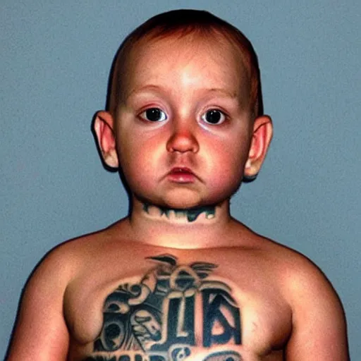 Image similar to A police mugshot of a baby that looks like a hardened criminal, tattoos on face