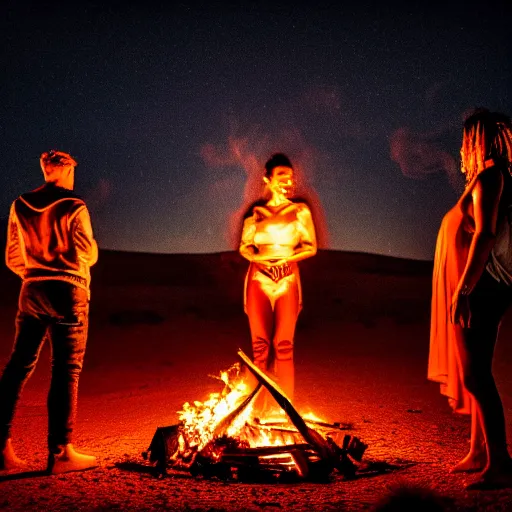 Prompt: atmospheric photograph of three fully clothed ravers, two men, one woman, seen from behind, talking around a fire, dancefloor kismet, diverse costumes, clean composition, desert transition area, bonfire, night, australian desert, xf iq 4, symmetry, sony a 7 r, 1 5 0 mp, 5 0 mm