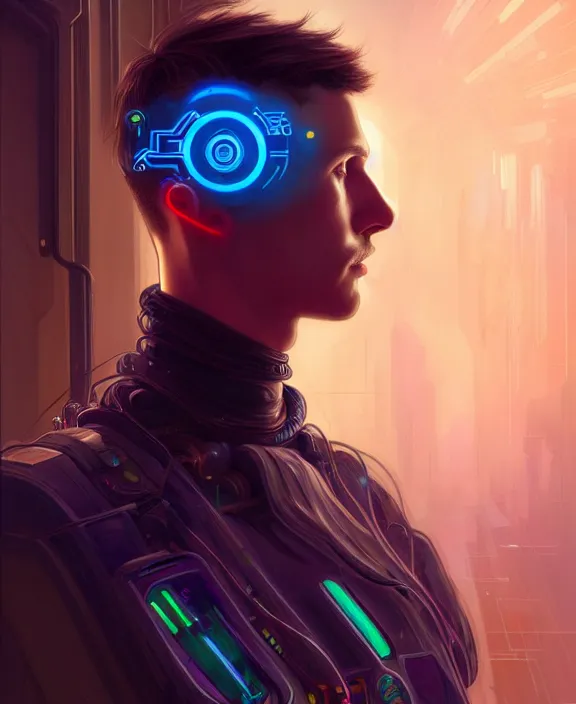 Prompt: a whirlwind inside the metaverse, guy, male, man, science, machine face, fashionable haircut, half body, neurochip, android, cyberpunk face, by loish, d & d, fantasy, intricate, elegant, highly detailed, colorful, digital painting, artstation, concept art, art by artgerm and greg rutkowski and alphonse mucha