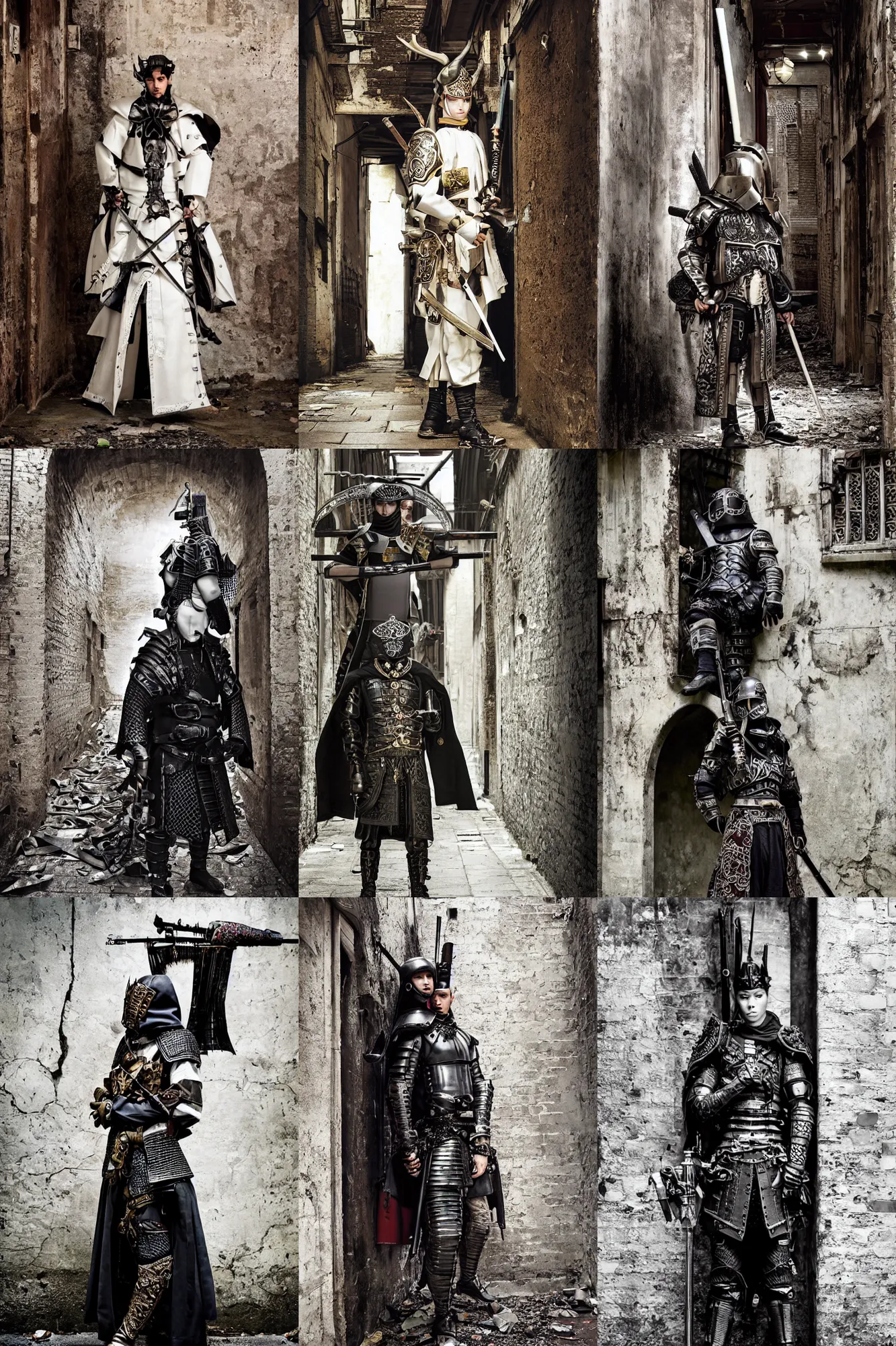 Prompt: fashion model with white ancestral ornate medieval tactical gear standing inside an alleyway, black leather samurai garment, long shot, dark abandoned city streets, by irving penn and storm thorgerson, ren heng, peter elson,