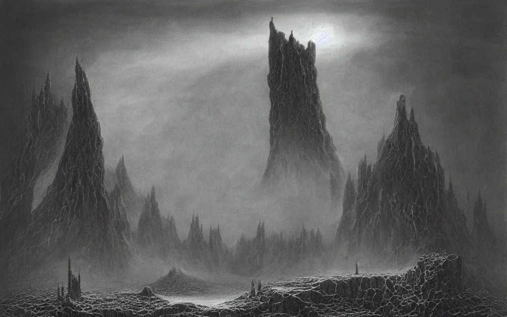 Image similar to black gate of mordor, by zdzisław beksinski, dynamic composition, dramatic lighting, ultra detailed