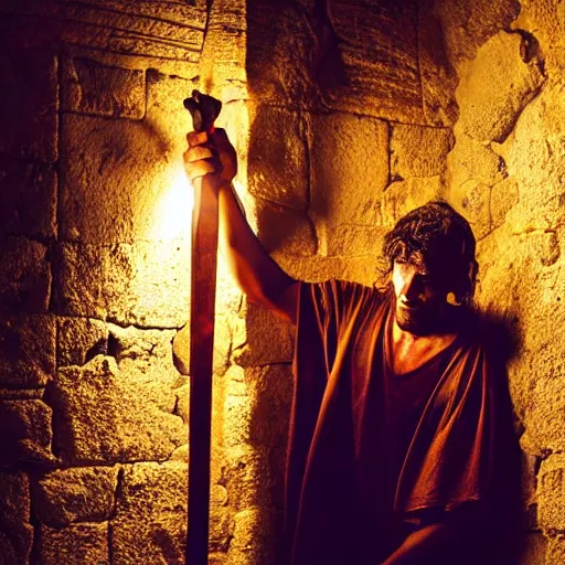 Prompt: award winning cinematic still of nighttime with 40 year old Mediterranean skinned man in Ancient Canaanite clothing fixing a ruined, crumbled wall in Jerusalem, holding a sword and a chisel, dramatic lighting, nighttime, strong shadows, bright red hues, directed by Michael Bay